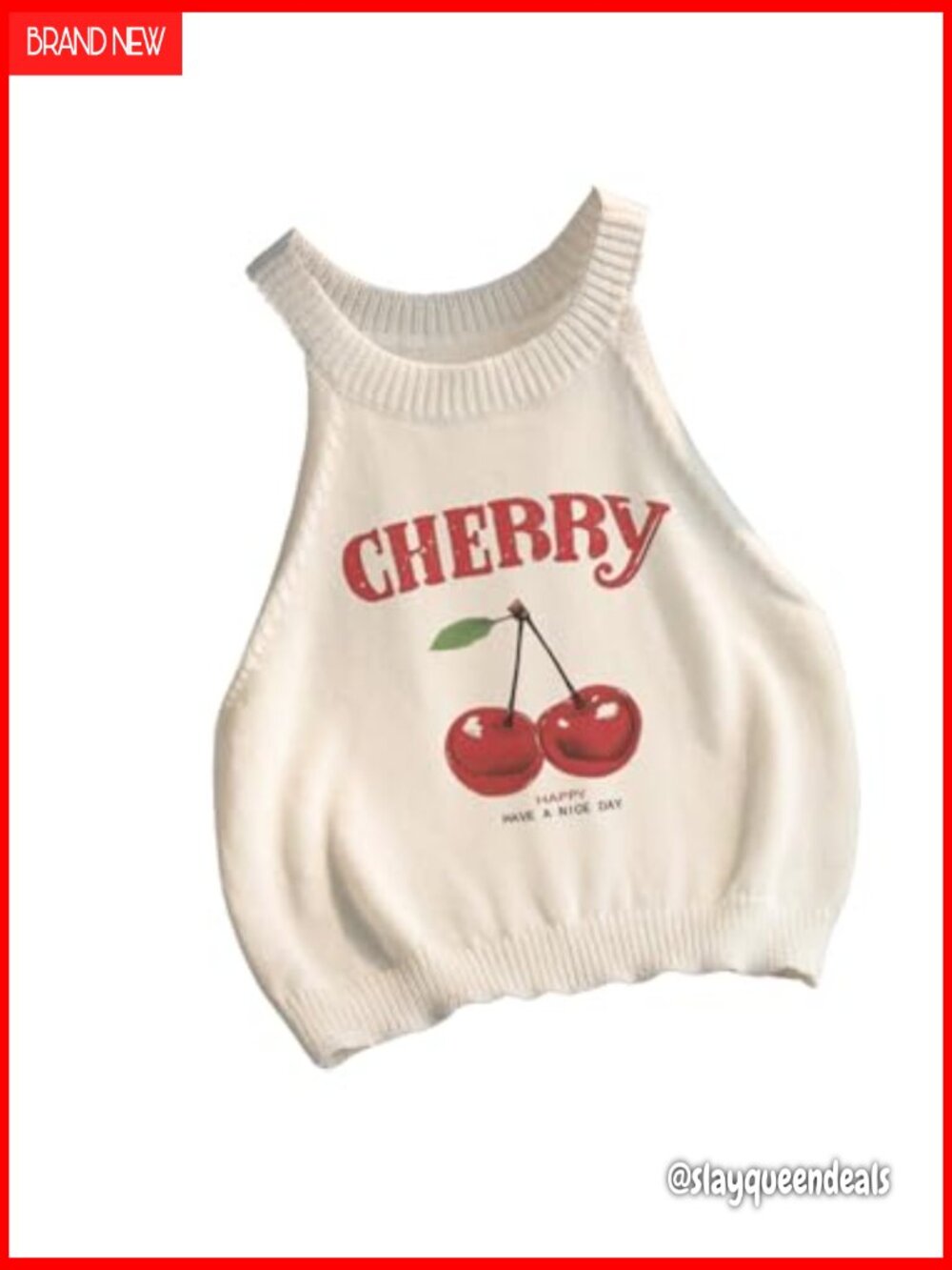 Women's Halter Neck Knit Crop Top Sleeveless Summer Tank Y2k Cherry - Picture 5 of 5